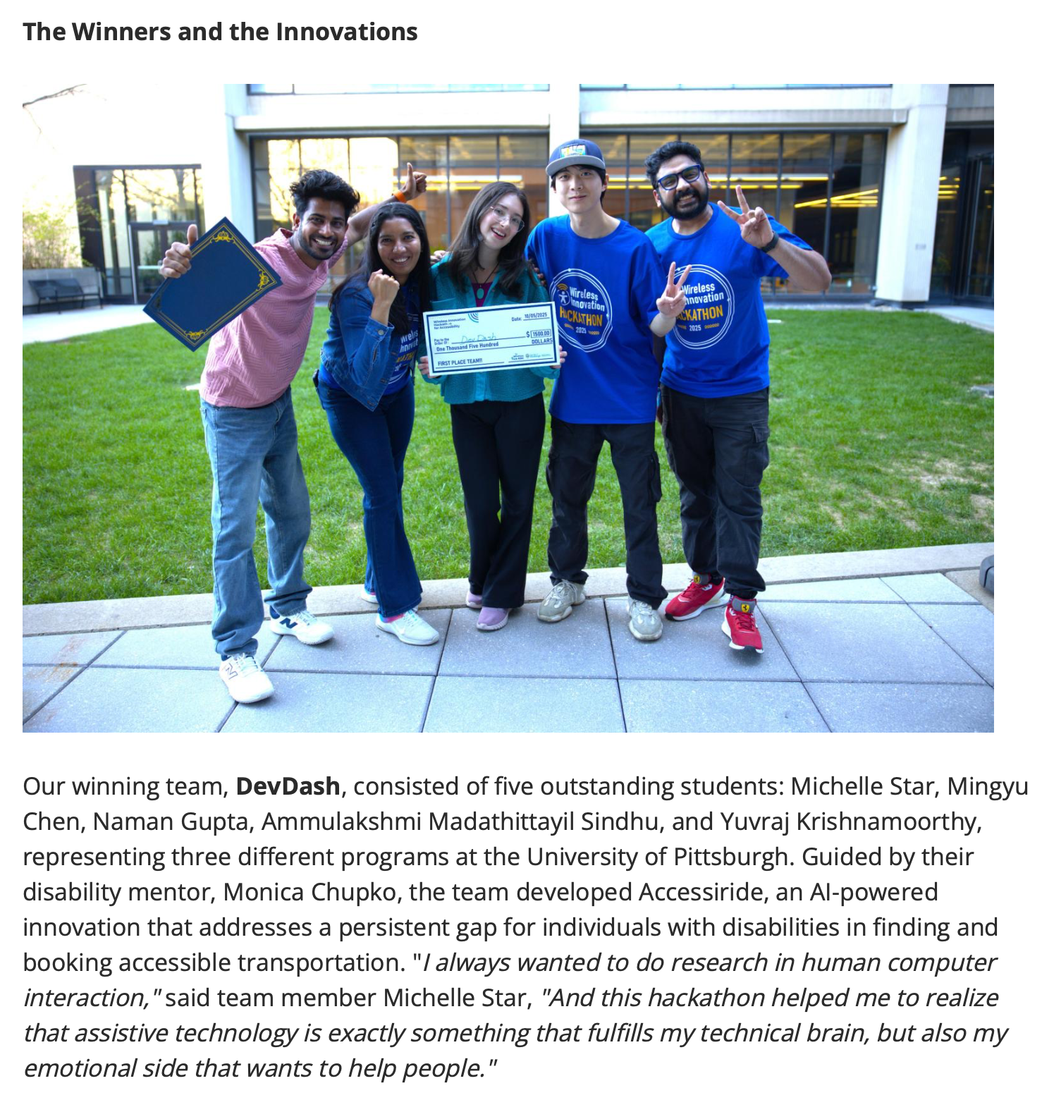 SmartTech article screenshot: DevDash team wins; quote from Michelle Star about HCI and assistive technology.